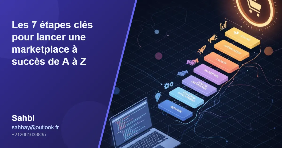Infographie des 7 étapes clés pour créer une marketplace à succès, illustrant le parcours du développement e-commerce par un développeur Shopify ou Prestashop jusqu'au lancement de la plateforme.