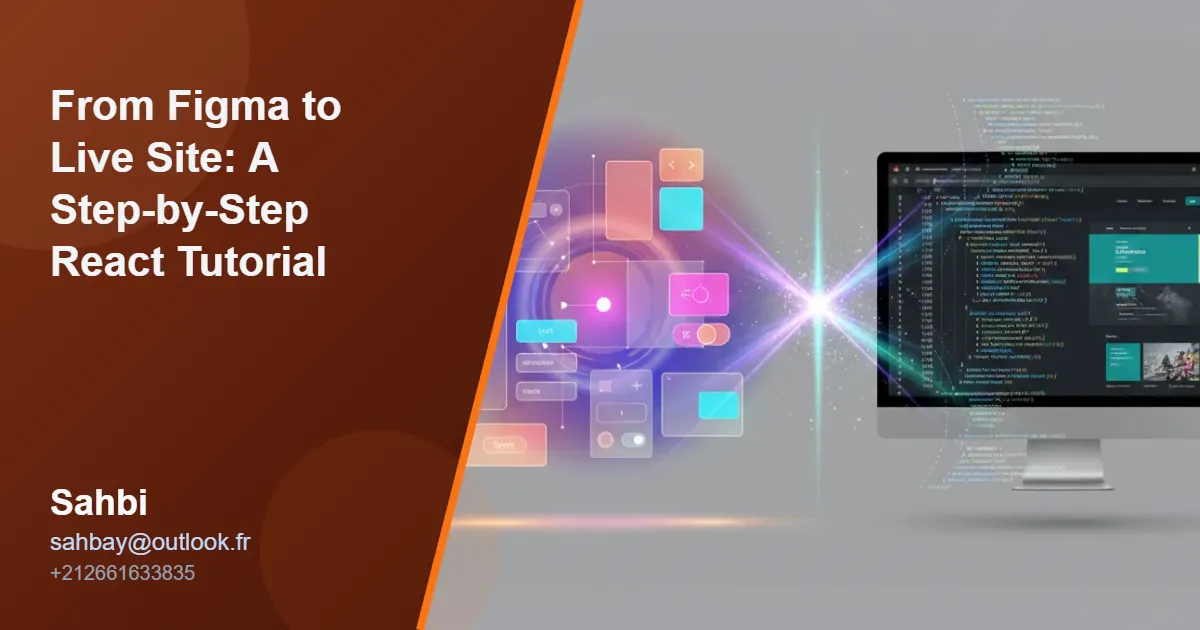A conceptual image showing the process of a freelance web developer converting a Figma design into a live React site for their full stack developer portfolio.