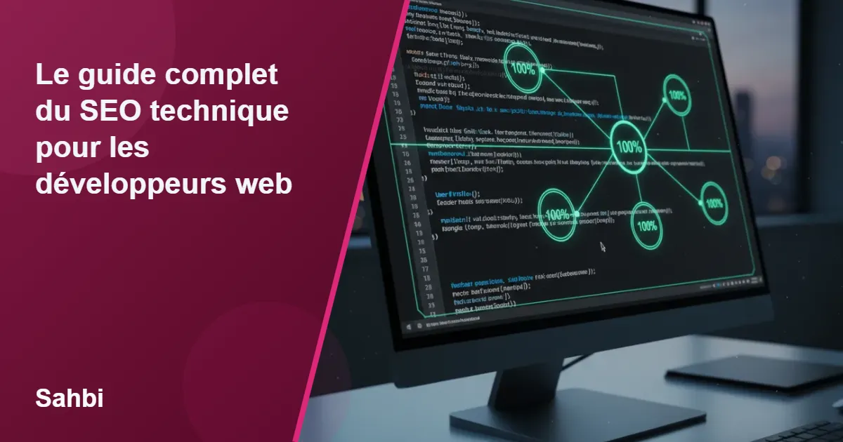 Illustration du SEO technique pour un développeur web, montrant un écran de code avec une architecture de site optimisée pour la performance et les Core Web Vitals.