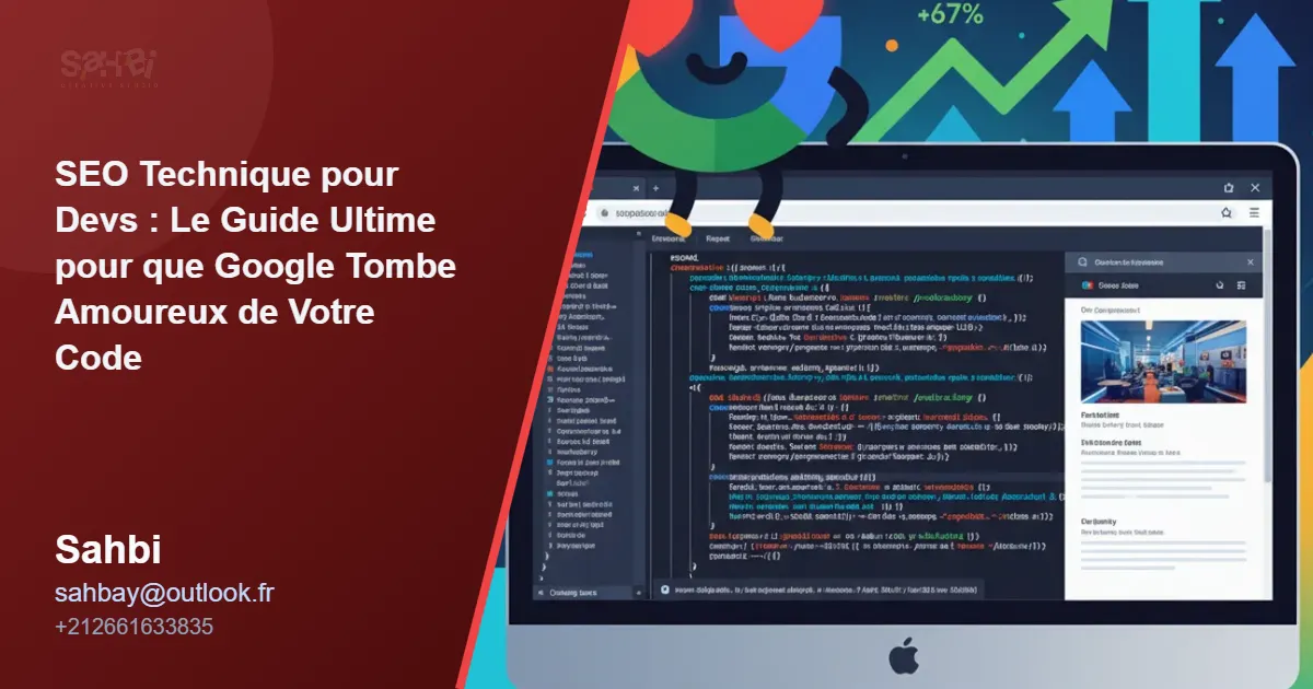 Illustration du SEO technique pour développeurs, montrant le logo de Google avec des yeux en forme de cœur regardant un écran de code optimisé.