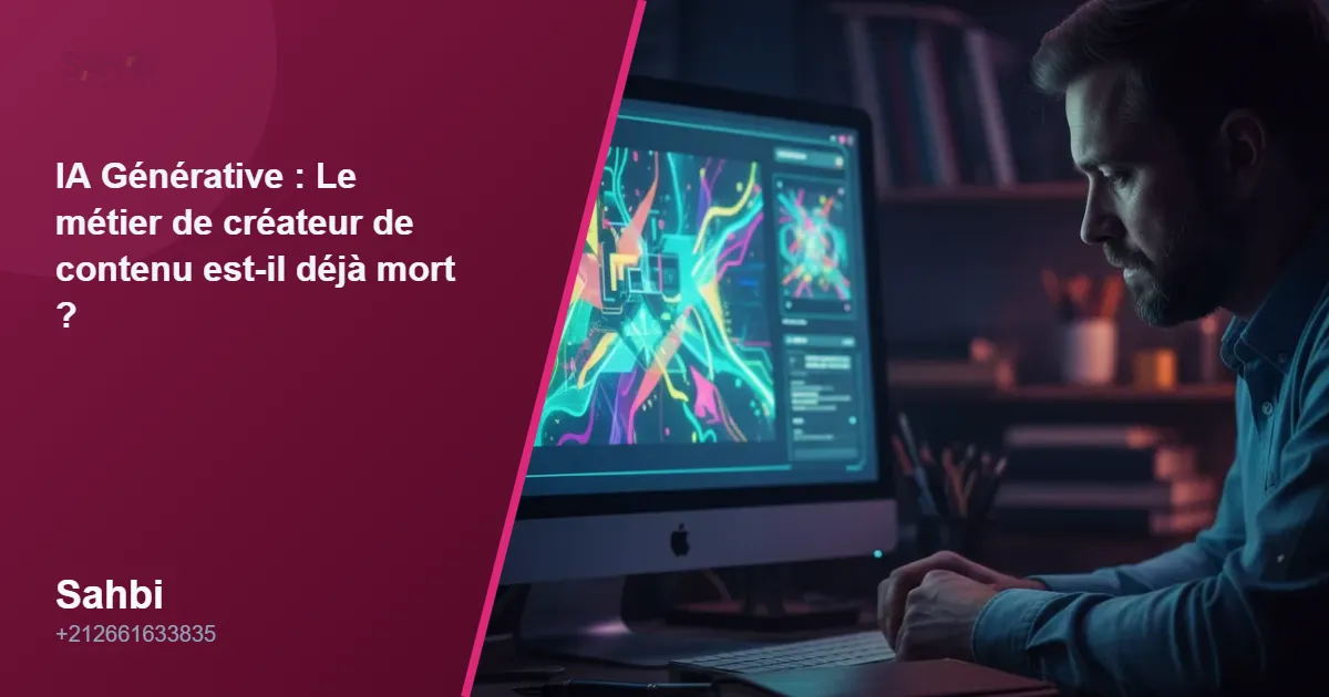 Un créateur de contenu humain regarde avec inquiétude un écran où une IA générative crée une œuvre, illustrant la question de la mort du métier face à l'intelligence artificielle.