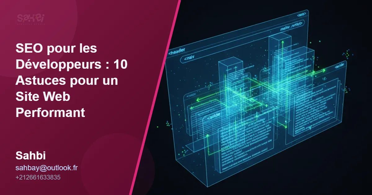 Illustration conceptuelle du SEO pour les développeurs web, montrant une structure de site en code HTML sémantique optimisée pour le référencement naturel.