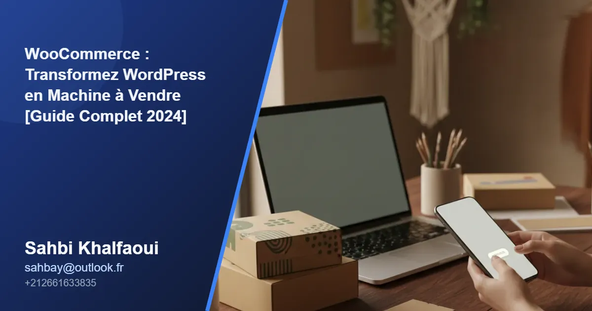 Bureau de travail illustrant la création d'une boutique en ligne avec WooCommerce, montrant un ordinateur, des produits prêts à être expédiés et un paiement mobile, symbolisant une machine à vendre efficace.